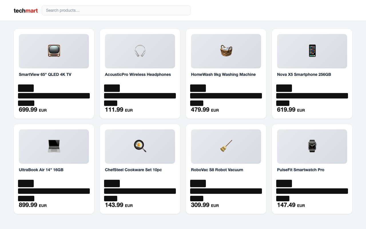A shop page with every fake discount element covered by black redaction bars, real prices untouched