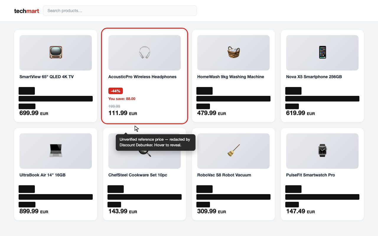 Hovering a redacted product card lifts the ink and reveals the fake discount underneath, with an explanatory tooltip