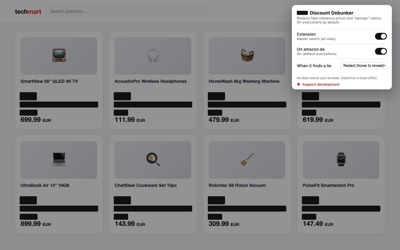 The extension popup showing master switch, per-site toggle and redaction mode over a redacted shop page